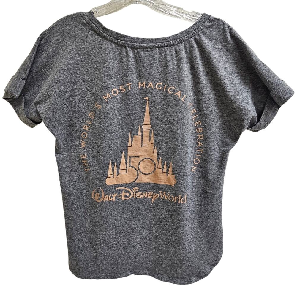 Walt Disney World 50th Celebration Gray + Gold Metallic Castle + Mickey Tee M